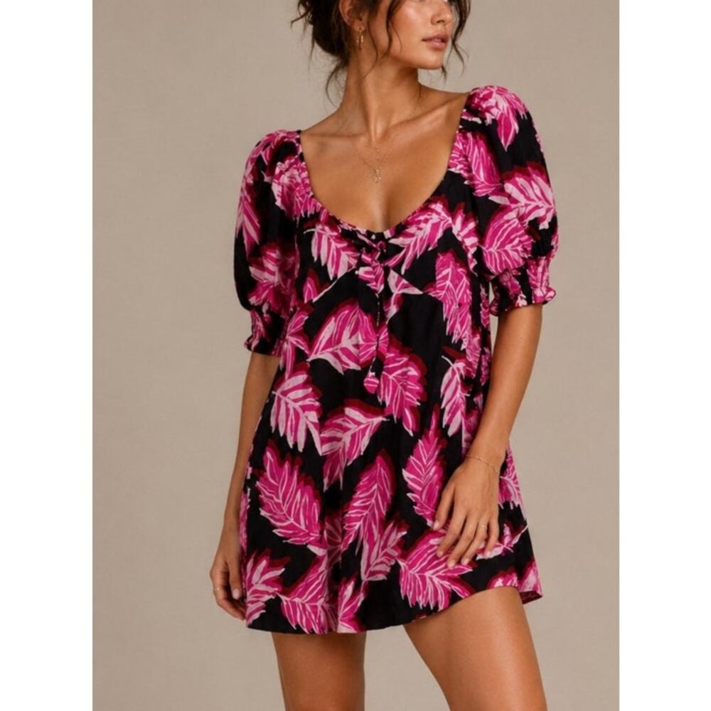 Who What Wear Linen Babydoll Dress M Tropical Pink Black Palm Vacation Resort